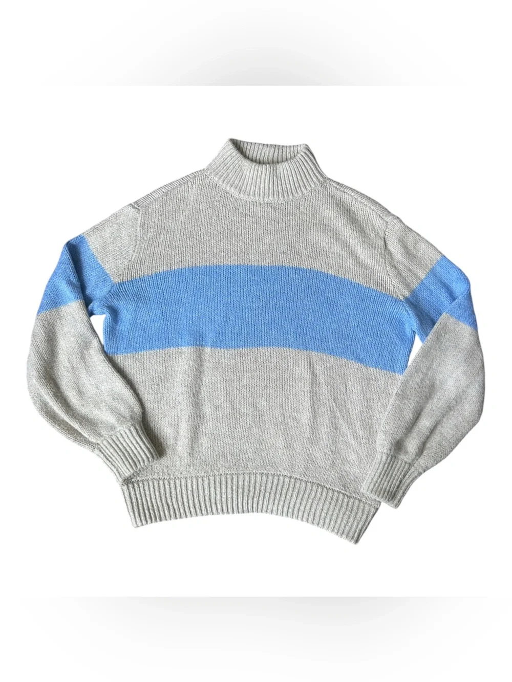 Aerie Soft Knit Blue and Beige Mock Neck Oversized Sweater XS